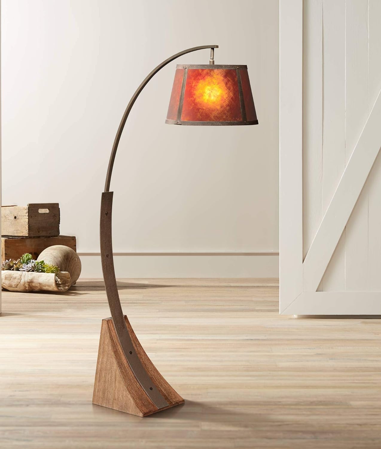 Oak River Rustic Farmhouse Mission Arc Floor Lamp Standing 66 1/2" Tall Dark Rust Natural Wood Amber Mica Drum Shade for Living Room Reading Bedroom Office House Home Decor