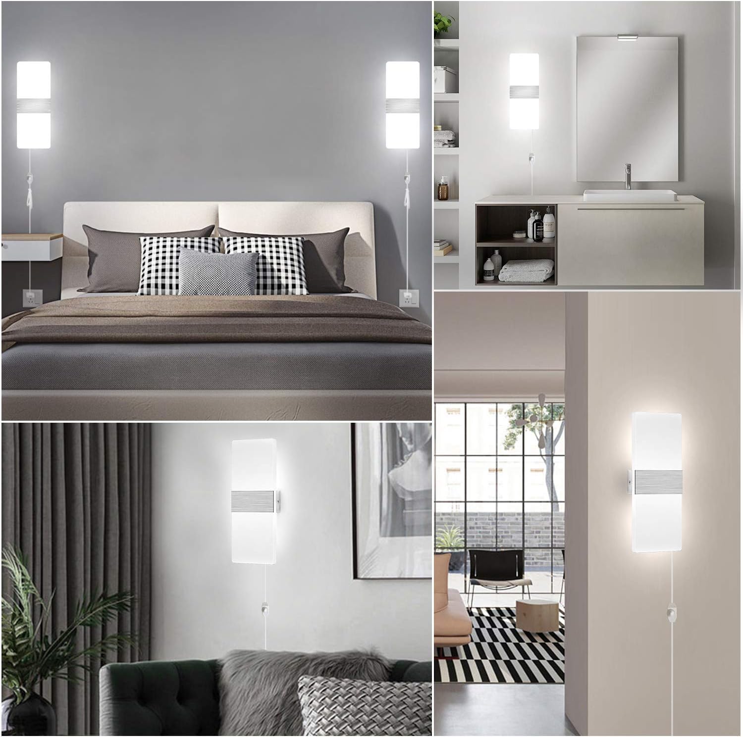 LIGHTESS Dimmable Wall Sconces Plug in Set of 2, Modern Wall Lamp 12W Acrylic LED Wall Light Fixture for Living Room Bedroom Corridor, Cool White