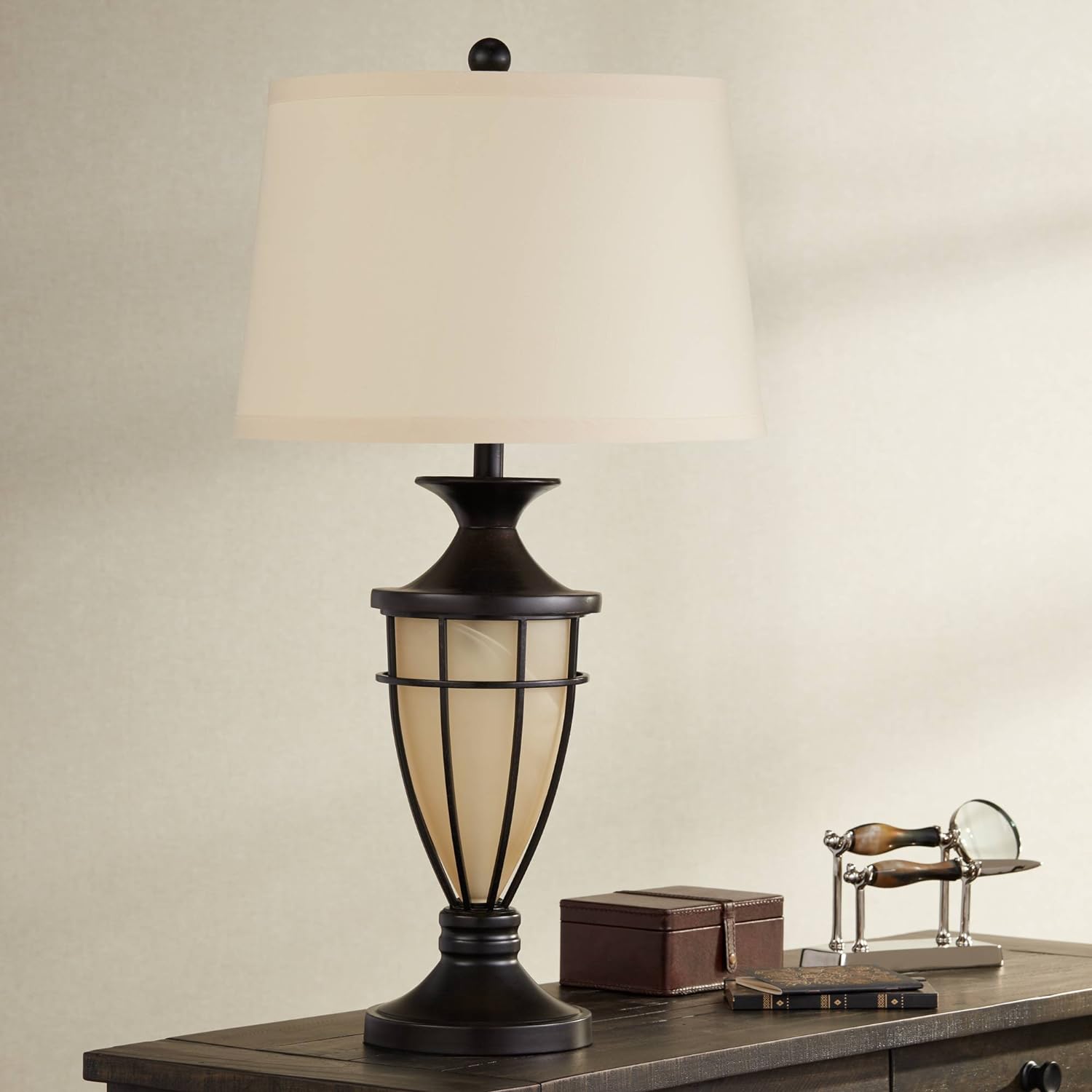Mission Cage Table Lamps 33" Tall Set of 2 with Nightlight Lantern Brushed Iron Brown Beige Fabric Shade for Living Room Bedroom House Bedside Nightstand Home Office Entryway