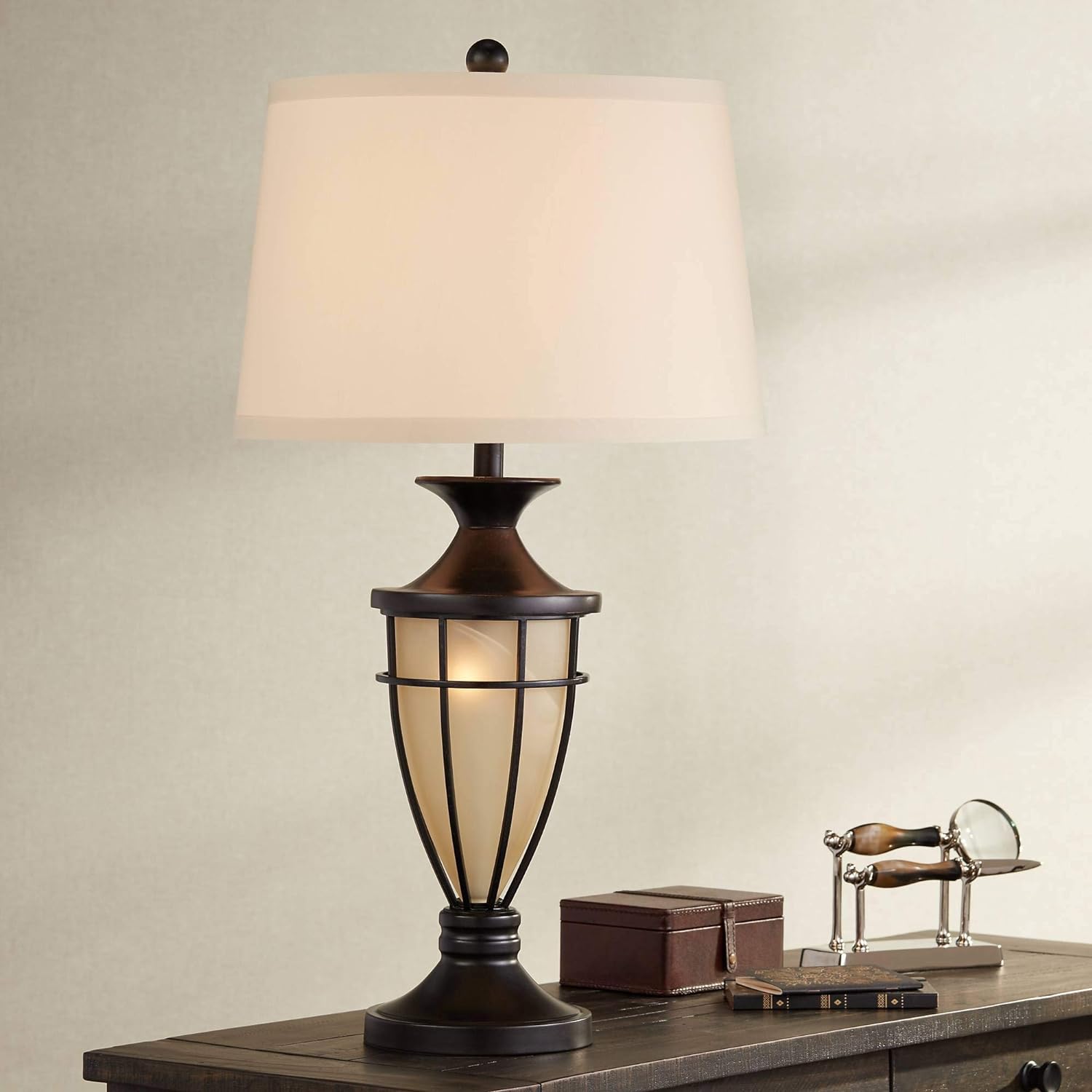 Mission Cage Table Lamps 33" Tall Set of 2 with Nightlight Lantern Brushed Iron Brown Beige Fabric Shade for Living Room Bedroom House Bedside Nightstand Home Office Entryway