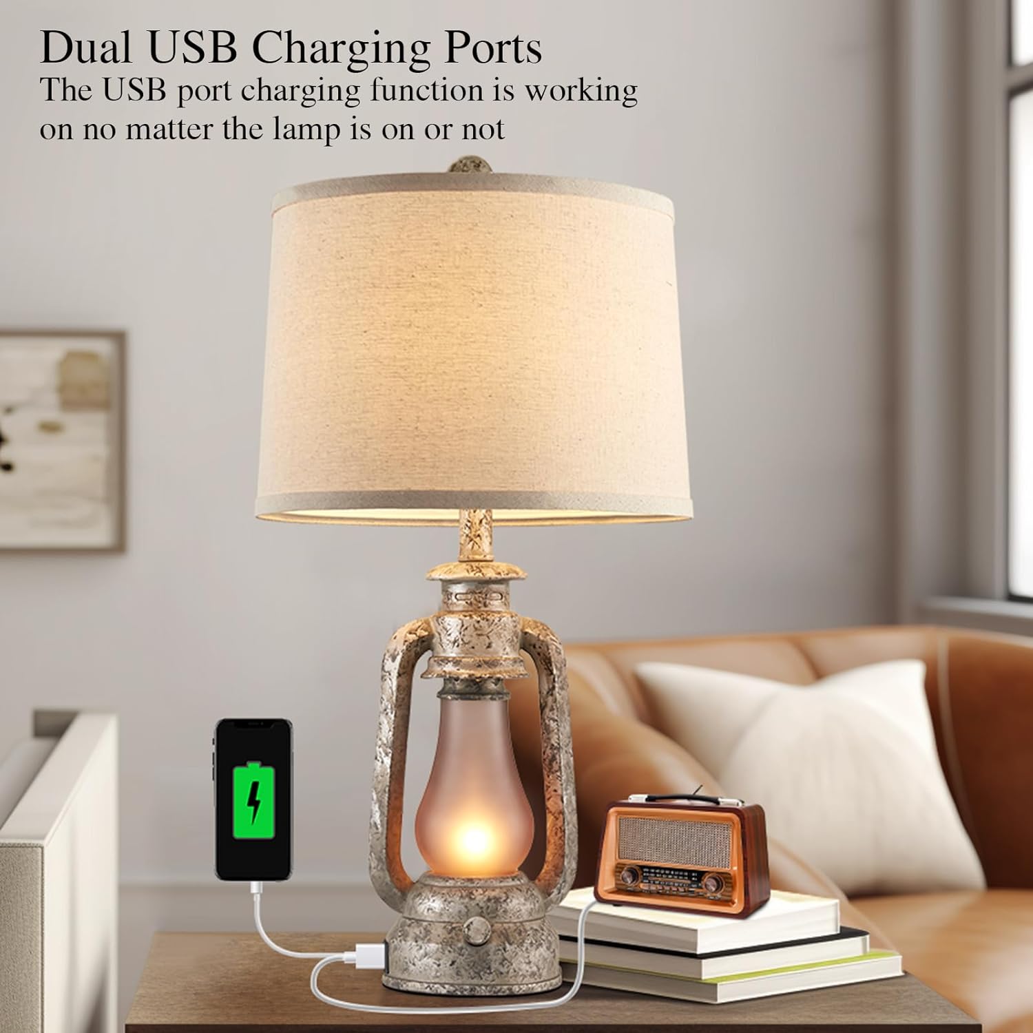 Lantern Table Lamps for Living Room Set of 2, Vintage Bedroom Resin Lamp with Dual USB Charging Ports, Rustic Retro Bedside Nightstand Desk Lamp, Linen Fabric Shade, 4 Bulbs Included