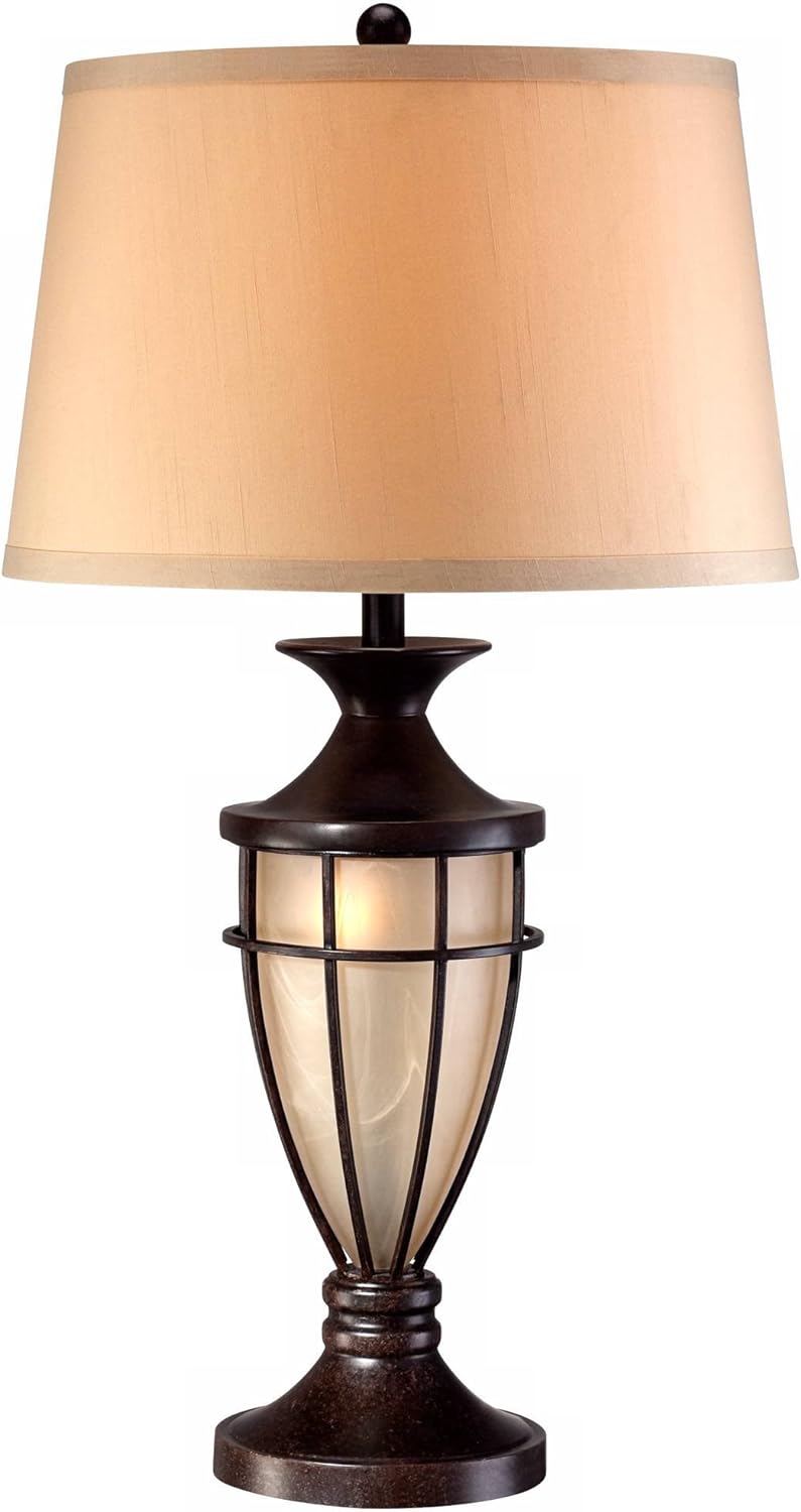 Mission Cage Table Lamps 33" Tall Set of 2 with Nightlight Lantern Brushed Iron Brown Beige Fabric Shade for Living Room Bedroom House Bedside Nightstand Home Office Entryway