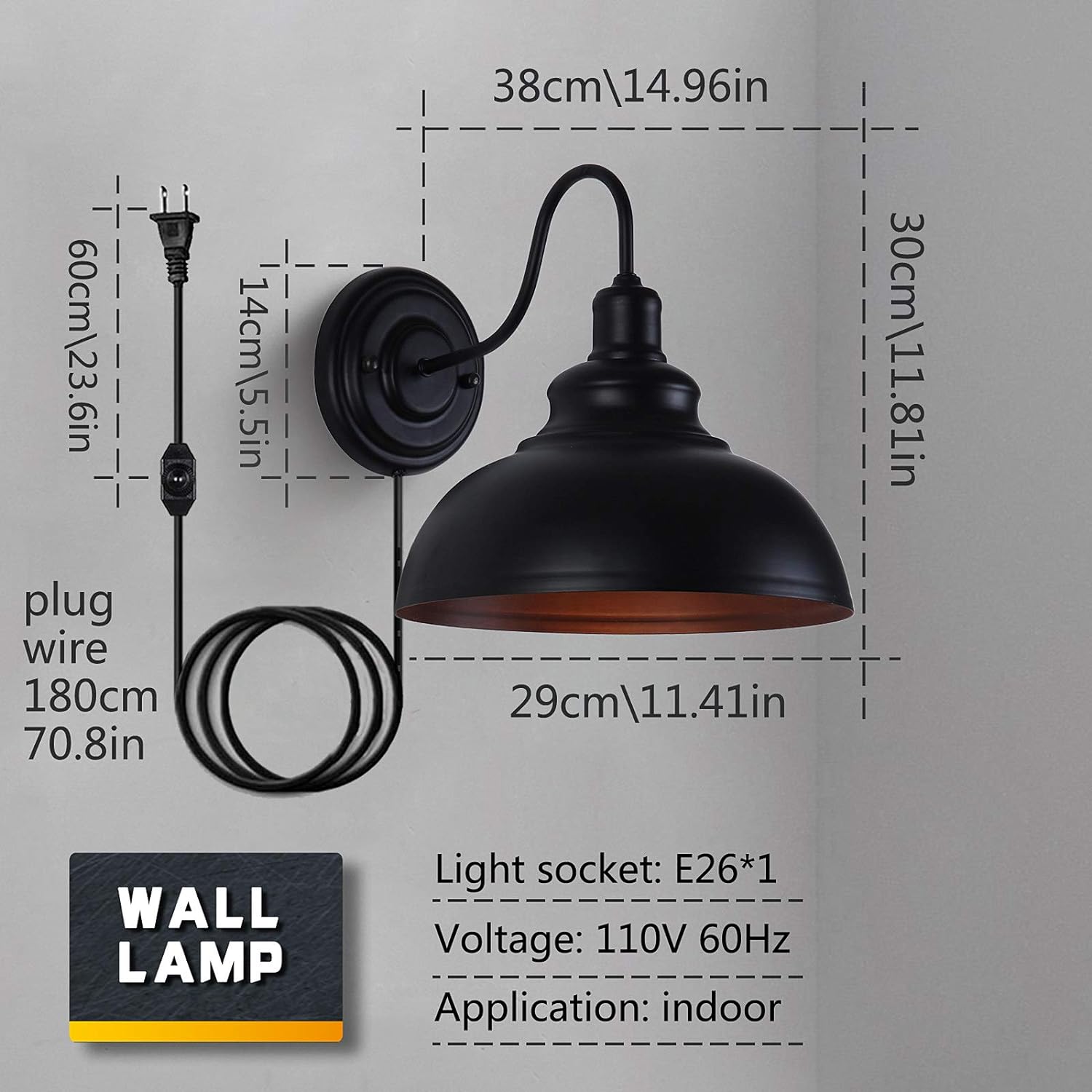 LIGHTESS Dimmable Wall Sconce Plug in, Industrial Farmhouse Sconce with Dimmer On Off Switch, Black Barn Light Gooseneck Light Fixture, OLB11