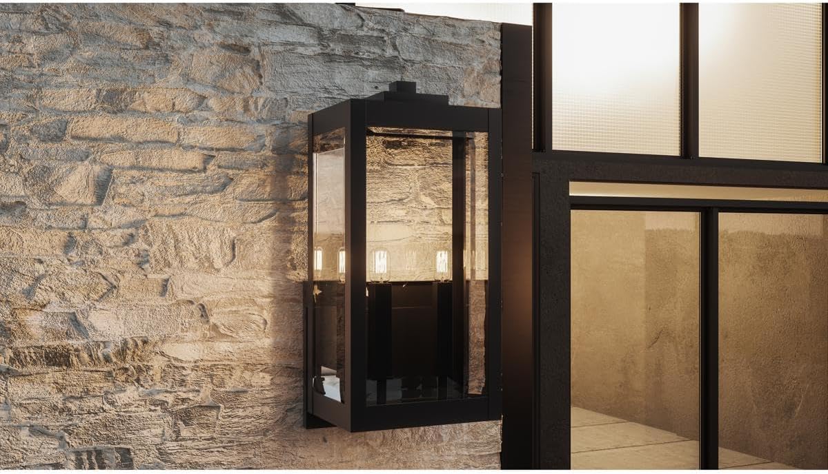 Modern Industrial Clear Beveled Glass Outdoor Wall Lantern, 4-Light 240 Total Watts, 30" H x 9" W, Earth Black
