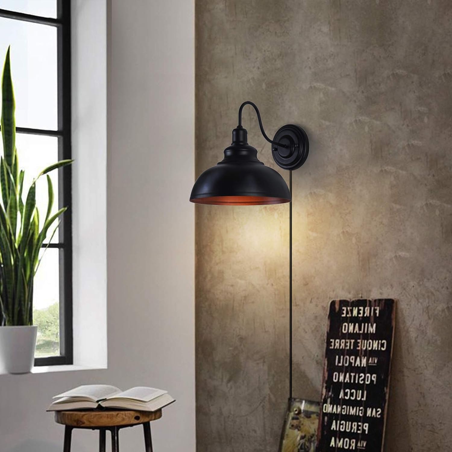 LIGHTESS Dimmable Wall Sconce Plug in, Industrial Farmhouse Sconce with Dimmer On Off Switch, Black Barn Light Gooseneck Light Fixture, OLB11