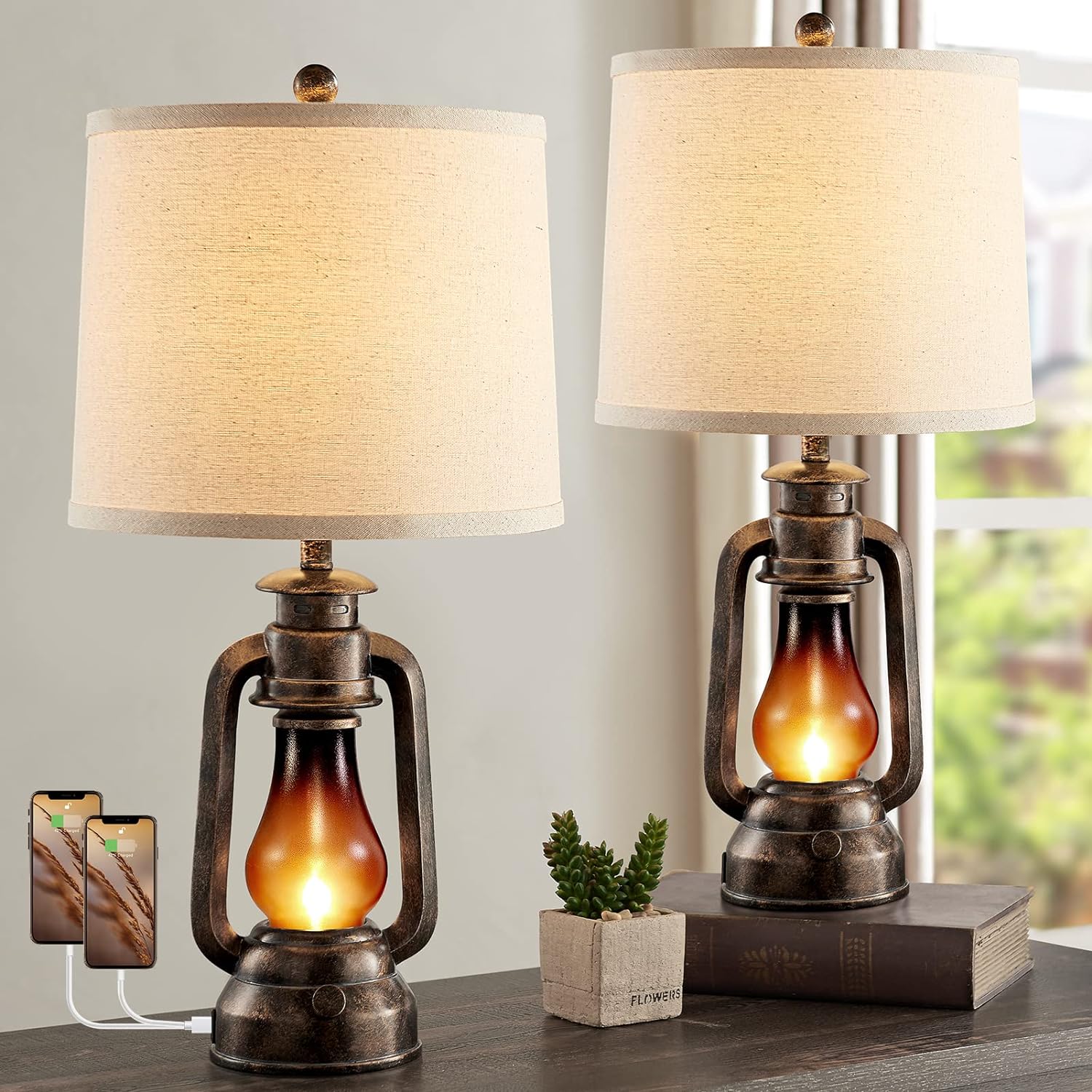 Lantern Table Lamps for Living Room Set of 2, Vintage Bedroom Resin Lamp with Dual USB Charging Ports, Rustic Retro Bedside Nightstand Desk Lamp, Linen Fabric Shade, 4 Bulbs Included