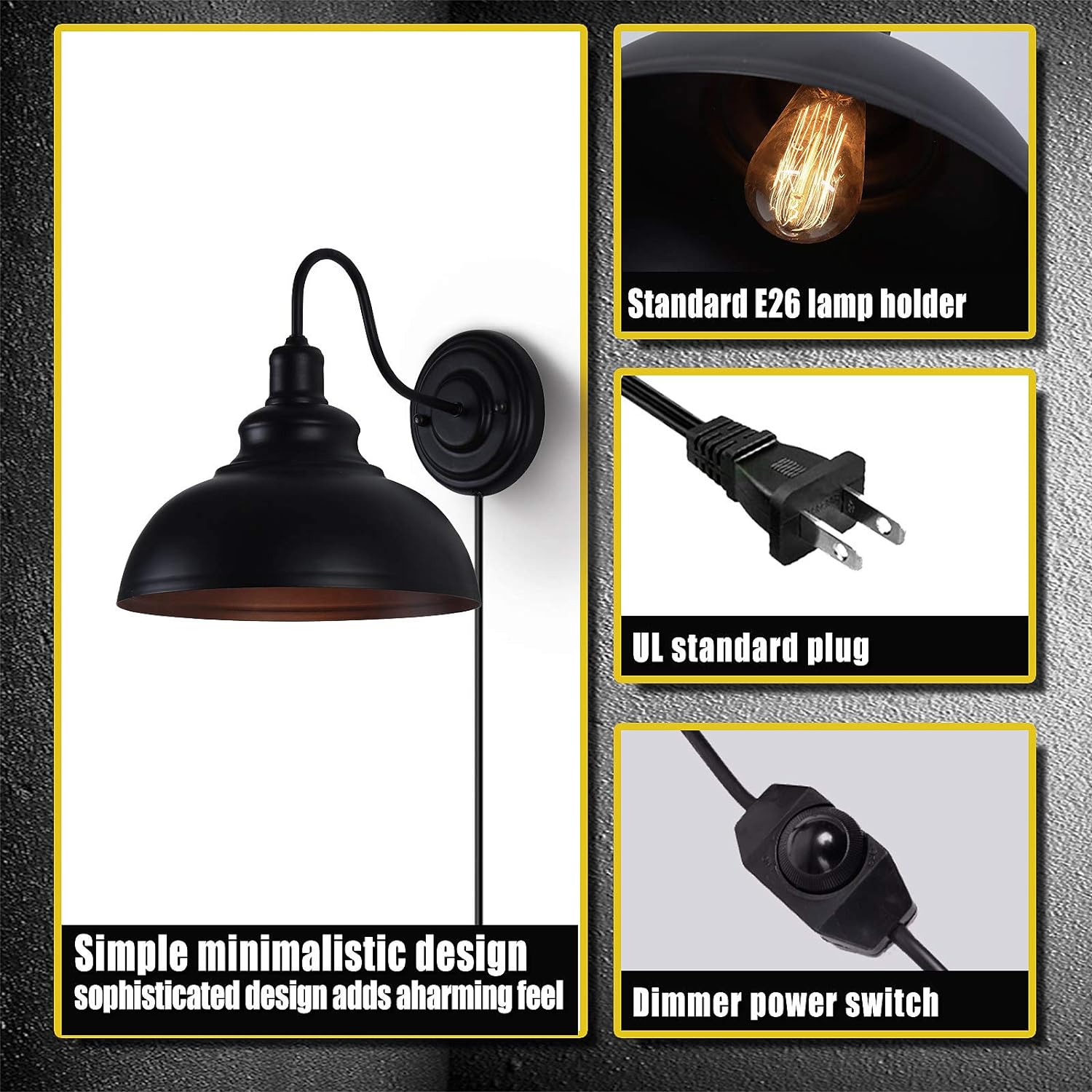 LIGHTESS Dimmable Wall Sconce Plug in, Industrial Farmhouse Sconce with Dimmer On Off Switch, Black Barn Light Gooseneck Light Fixture, OLB11