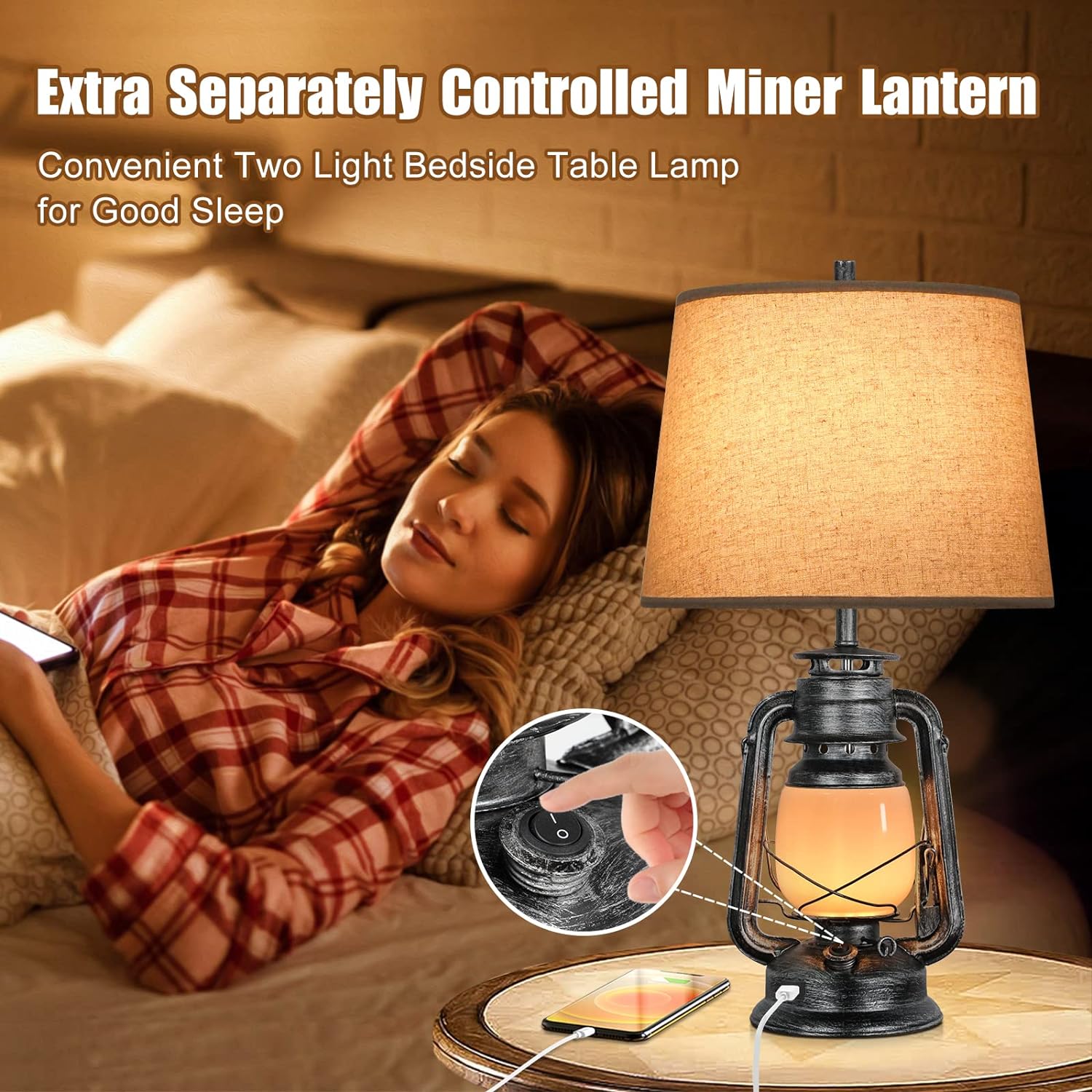 Set of 2 Table Lamps for Bedrooms, 3-Way Dimmable Touch Bedside Nightstand Lamps with USB Port, Farmhouse Lamps for Living Room Reading End Table with Night Light Miner Lantern, Bulbs Included, Grey