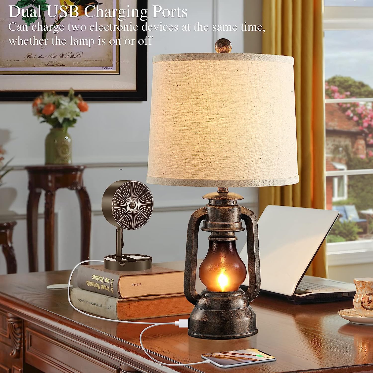 Lantern Table Lamps for Living Room Set of 2, Vintage Bedroom Resin Lamp with Dual USB Charging Ports, Rustic Retro Bedside Nightstand Desk Lamp, Linen Fabric Shade, 4 Bulbs Included
