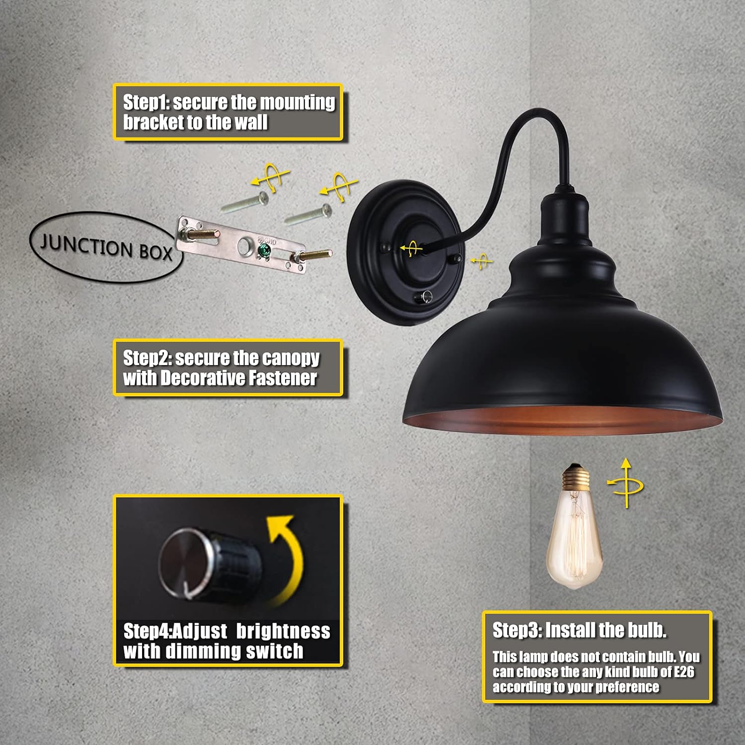 LIGHTESS Dimmable Wall Sconce Plug in, Industrial Farmhouse Sconce with Dimmer On Off Switch, Black Barn Light Gooseneck Light Fixture, OLB11
