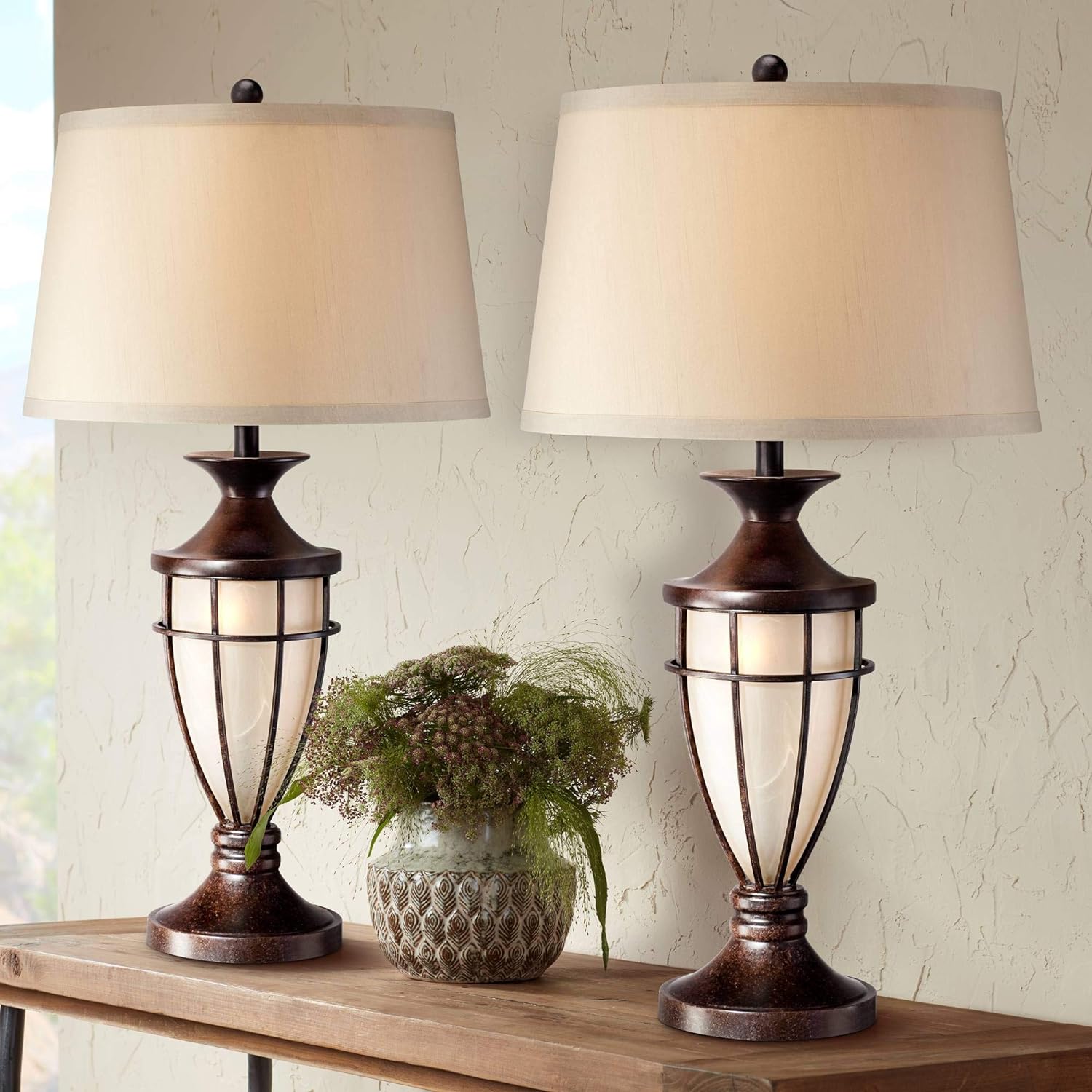 Mission Cage Table Lamps 33" Tall Set of 2 with Nightlight Lantern Brushed Iron Brown Beige Fabric Shade for Living Room Bedroom House Bedside Nightstand Home Office Entryway