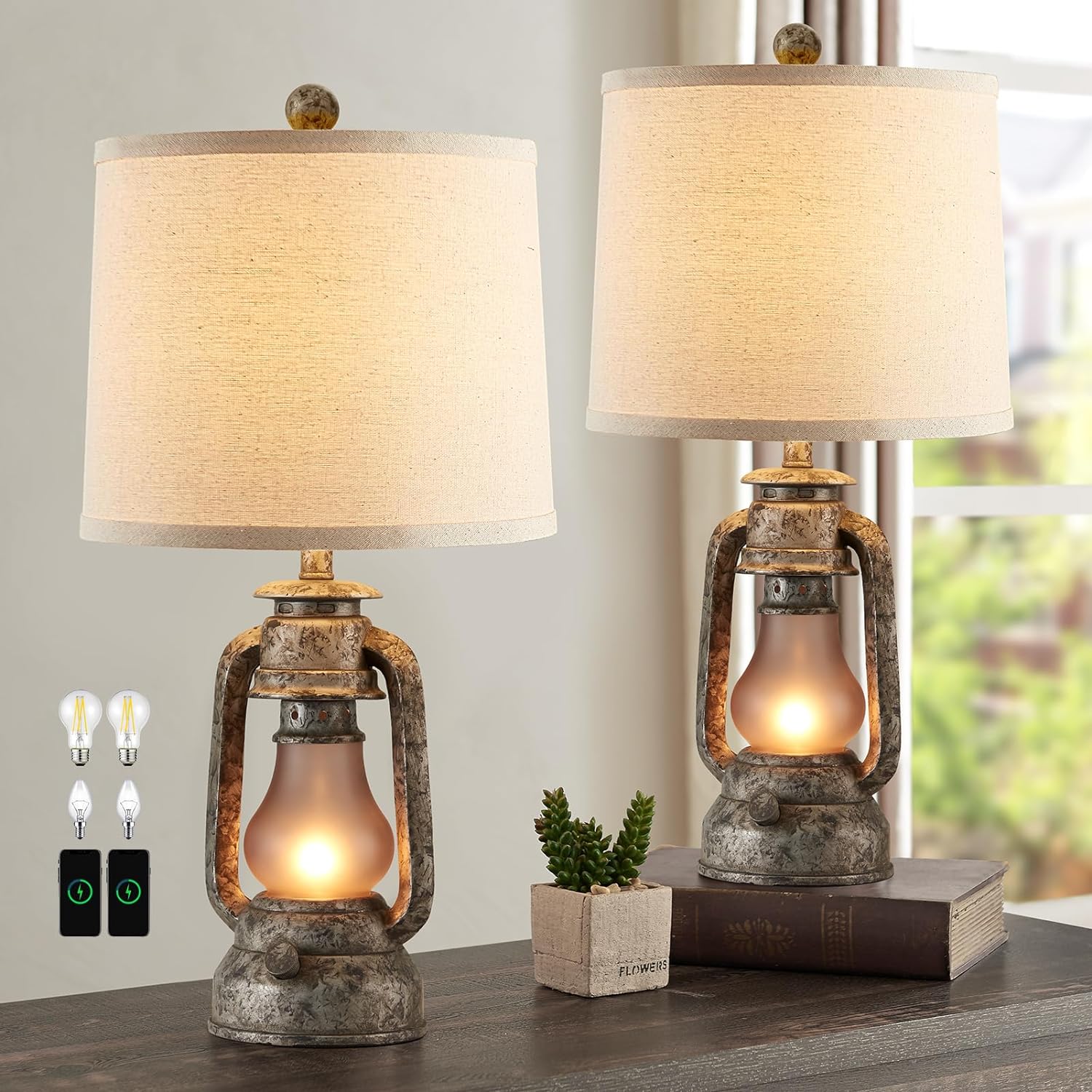Lantern Table Lamps for Living Room Set of 2, Vintage Bedroom Resin Lamp with Dual USB Charging Ports, Rustic Retro Bedside Nightstand Desk Lamp, Linen Fabric Shade, 4 Bulbs Included