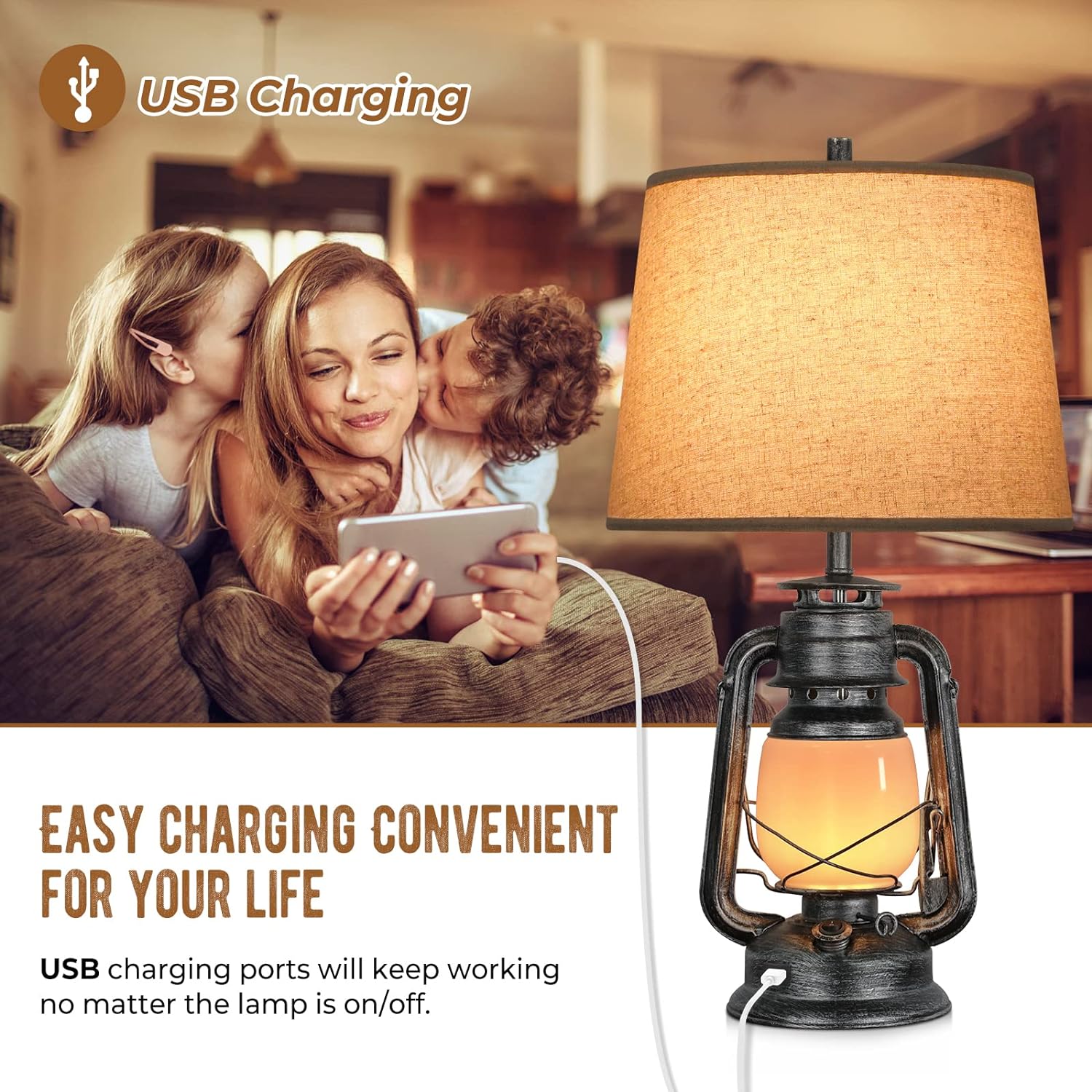 Set of 2 Table Lamps for Bedrooms, 3-Way Dimmable Touch Bedside Nightstand Lamps with USB Port, Farmhouse Lamps for Living Room Reading End Table with Night Light Miner Lantern, Bulbs Included, Grey