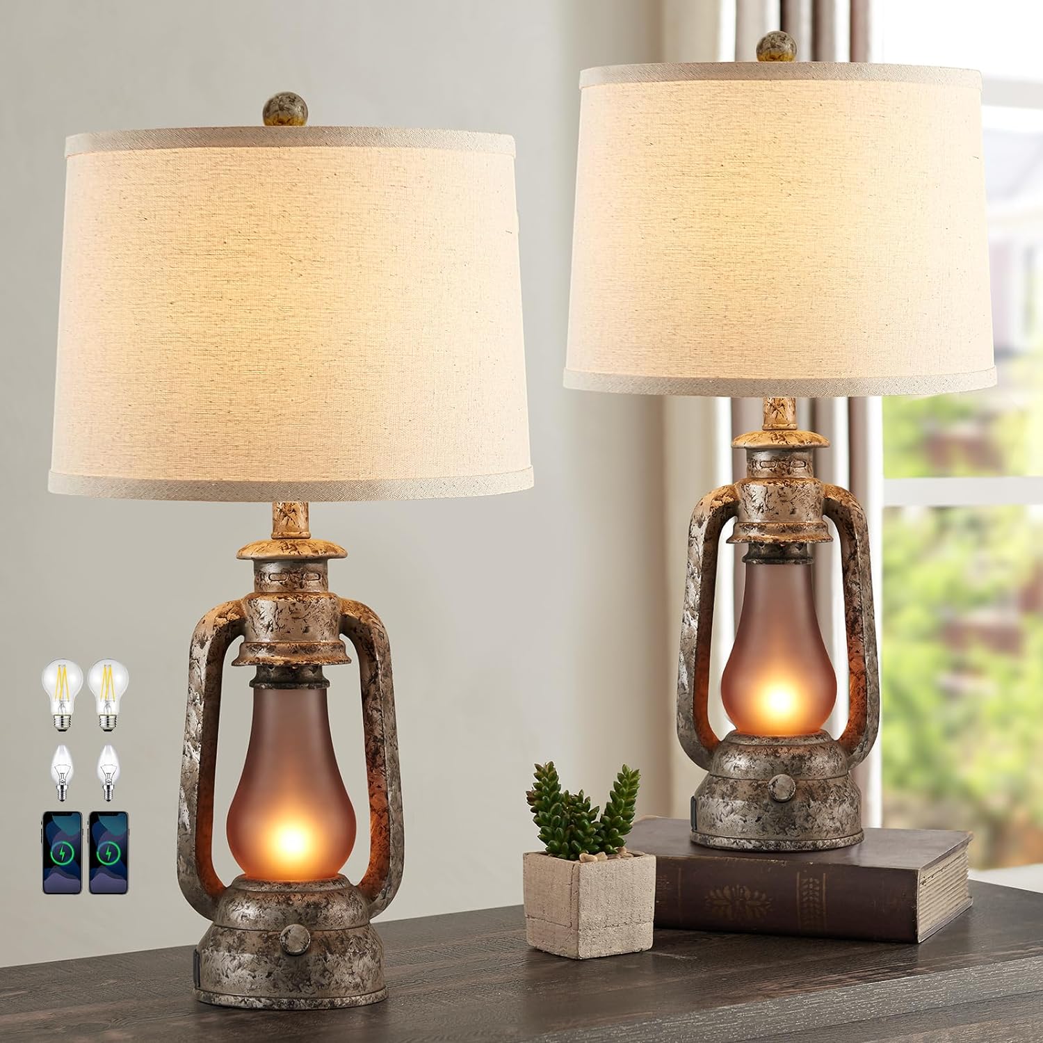 Lantern Table Lamps for Living Room Set of 2, Vintage Bedroom Resin Lamp with Dual USB Charging Ports, Rustic Retro Bedside Nightstand Desk Lamp, Linen Fabric Shade, 4 Bulbs Included