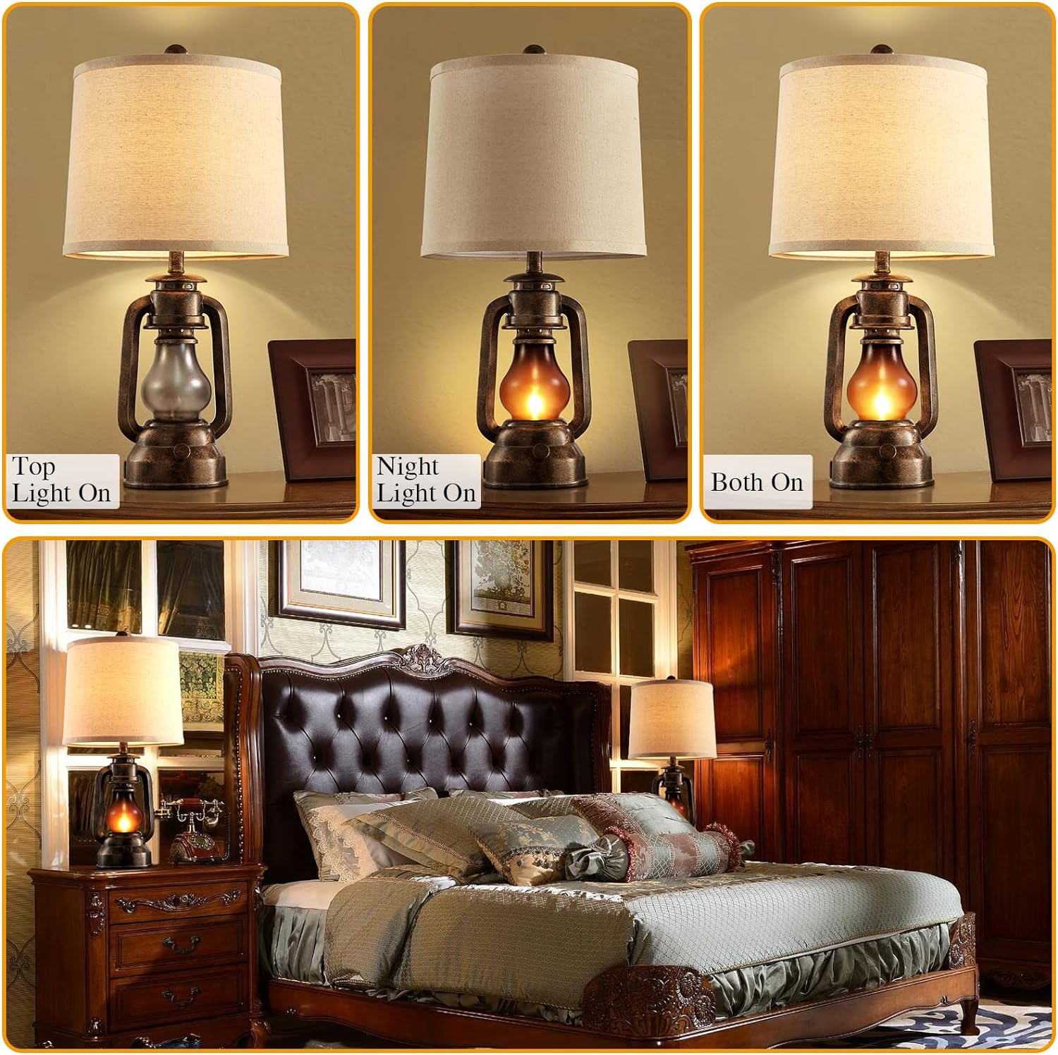Lantern Table Lamps for Living Room Set of 2, Vintage Bedroom Resin Lamp with Dual USB Charging Ports, Rustic Retro Bedside Nightstand Desk Lamp, Linen Fabric Shade, 4 Bulbs Included