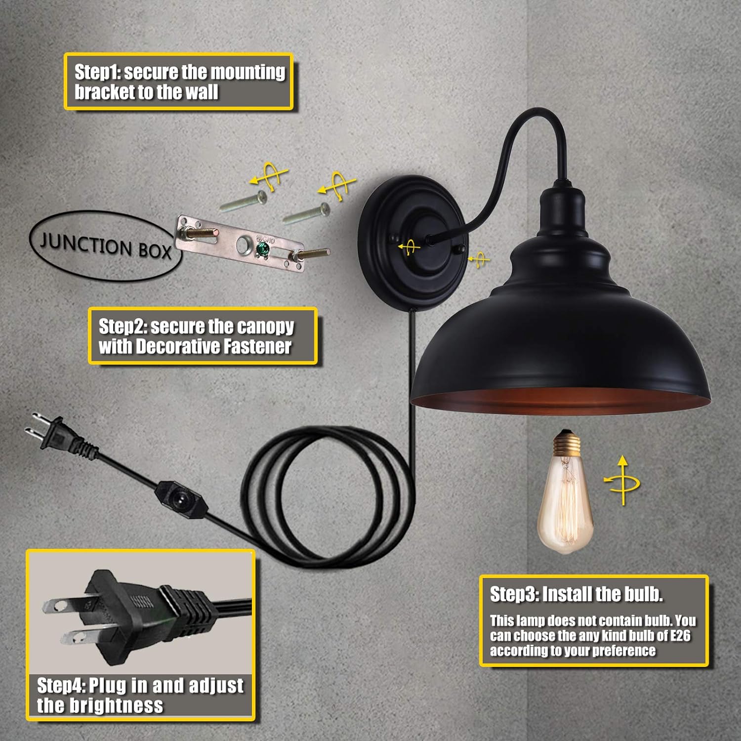 LIGHTESS Dimmable Wall Sconce Plug in, Industrial Farmhouse Sconce with Dimmer On Off Switch, Black Barn Light Gooseneck Light Fixture, OLB11