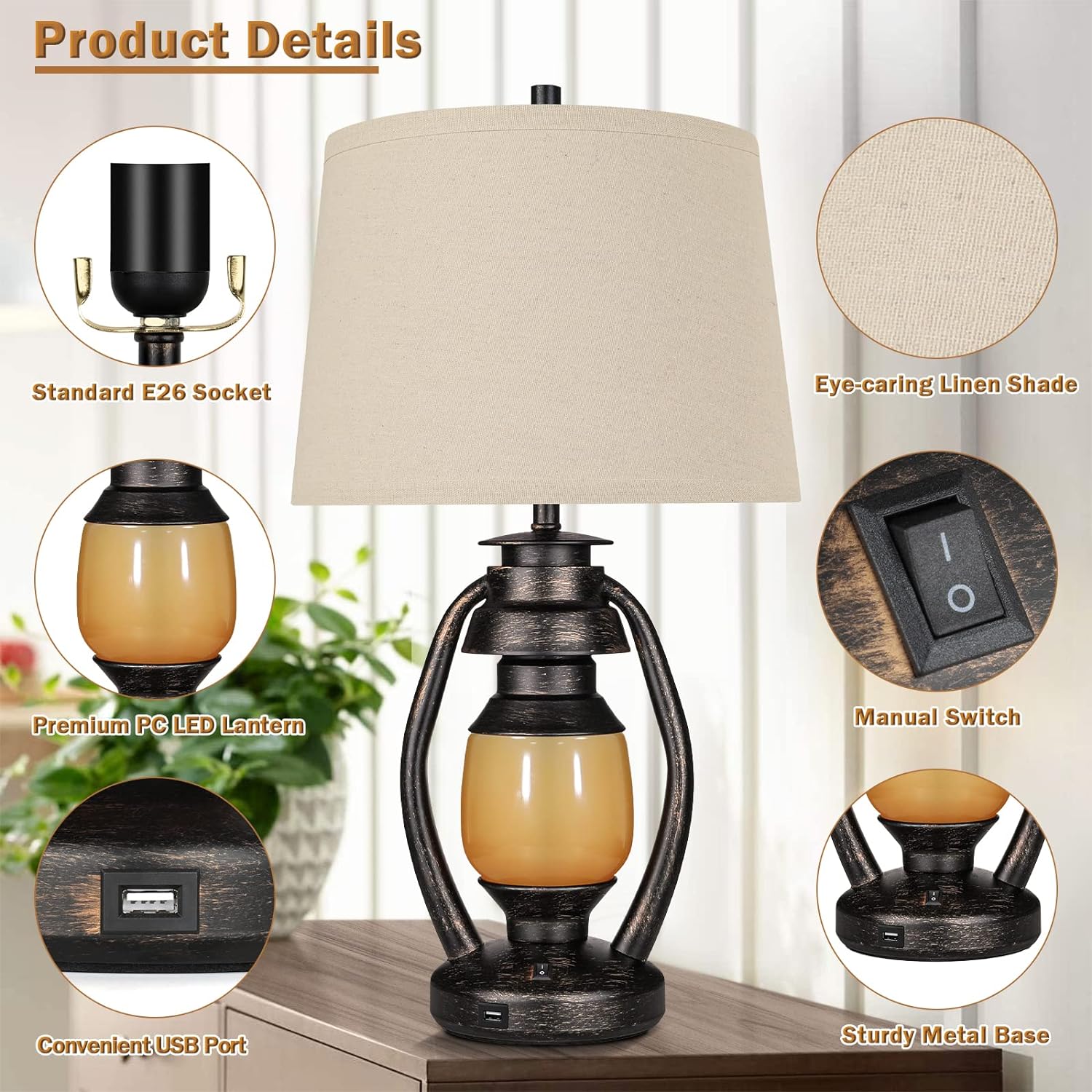 Set of 2 Table Lamps for Bedrooms, 3-Way Dimmable Touch Bedside Nightstand Lamps with USB Port, Farmhouse Lamps for Living Room Reading End Table with Night Light Miner Lantern, Bulbs Included, Grey