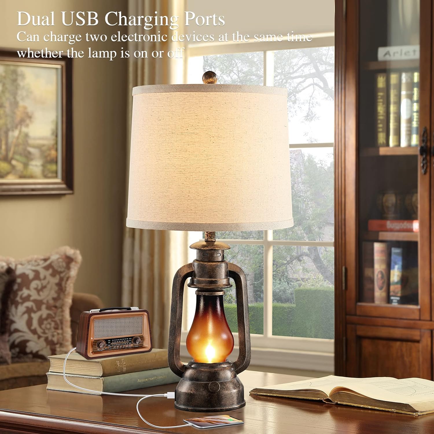 Lantern Table Lamps for Living Room Set of 2, Vintage Bedroom Resin Lamp with Dual USB Charging Ports, Rustic Retro Bedside Nightstand Desk Lamp, Linen Fabric Shade, 4 Bulbs Included