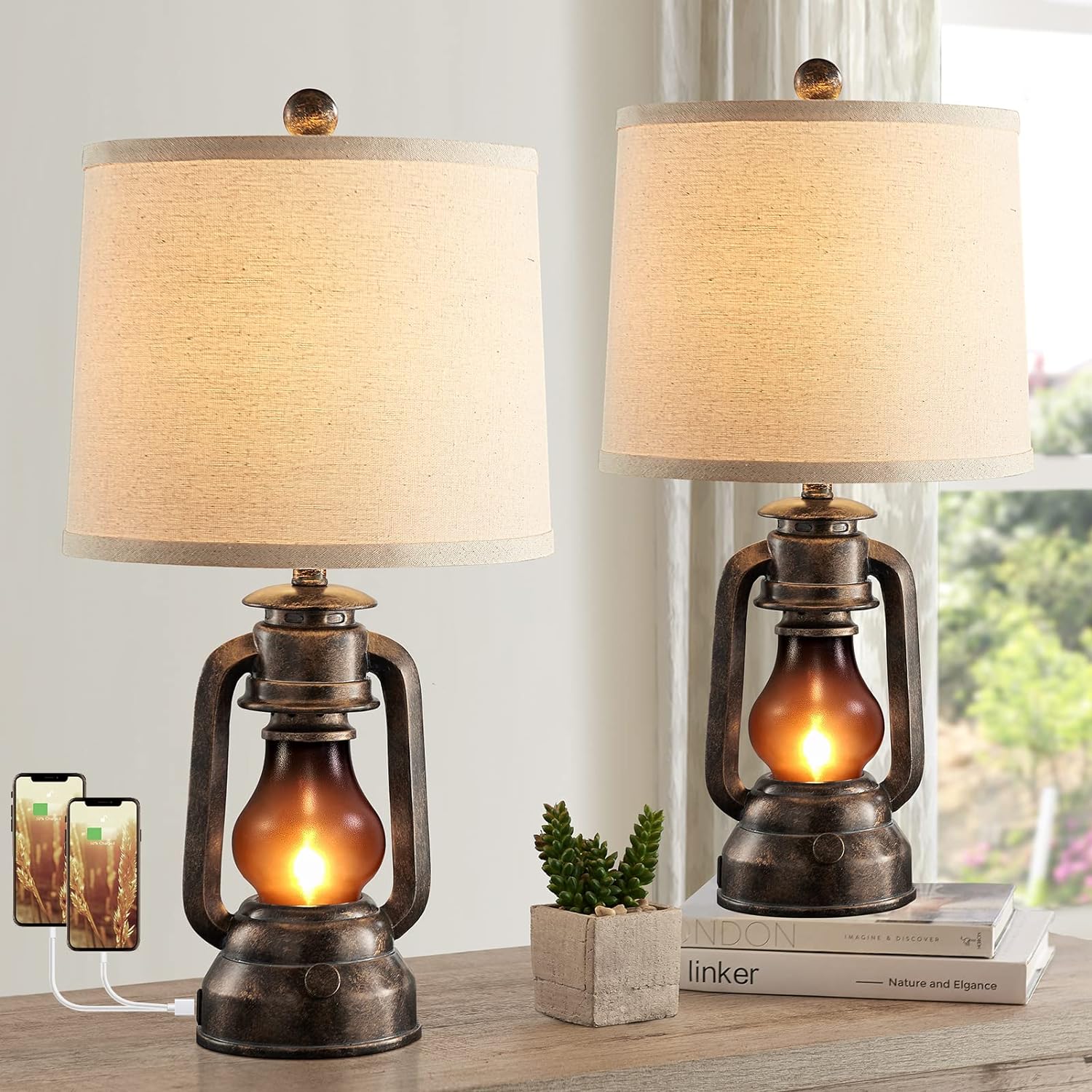 Lantern Table Lamps for Living Room Set of 2, Vintage Bedroom Resin Lamp with Dual USB Charging Ports, Rustic Retro Bedside Nightstand Desk Lamp, Linen Fabric Shade, 4 Bulbs Included