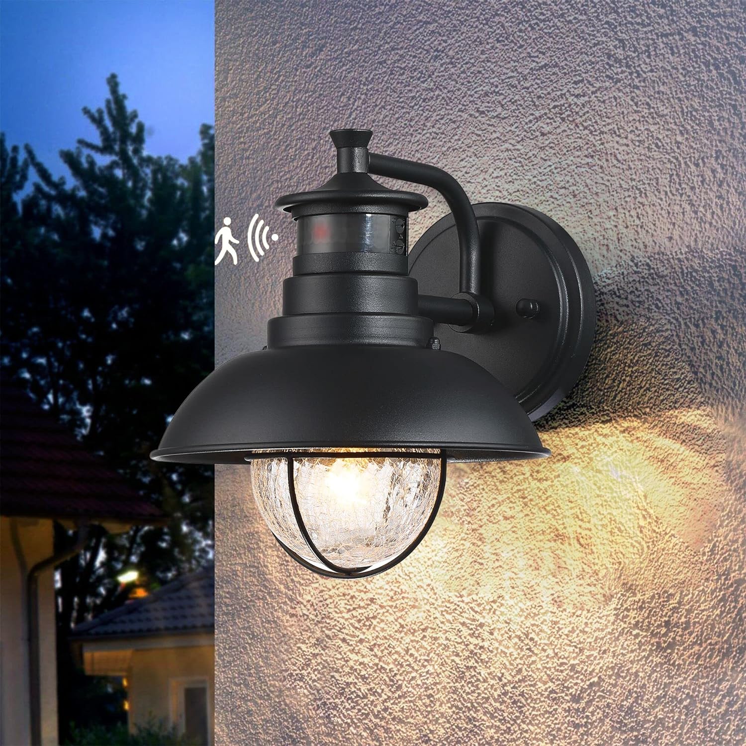 Rustic Outdoor Wall Light Fixture with Dusk to Dawn PIR Motion Sensor 2 Pack Matte Black Outdoor Wall Lantern Lamp with Crackle Glass Shade for Porch Barn Front Door, Bulbs Included